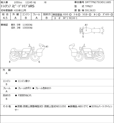 Triumph  SPEED TRIPLE RS лот № 7395 оценка 4.5  с аукциона в Японии 0