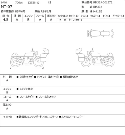 Yamaha MT-07 лот № 7473 оценка 4.5  с аукциона в Японии 0