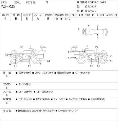 Yamaha YZF-R25 лот № 5146 оценка 4  с аукциона в Японии 0