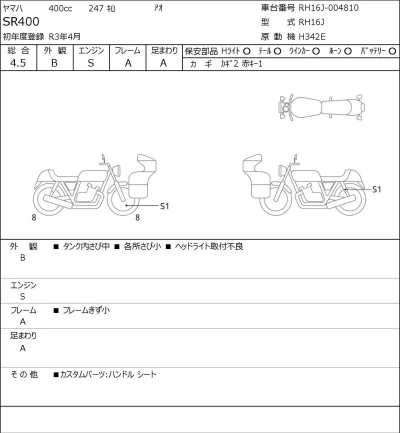 Yamaha SR400-1 лот № 8002 оценка 4.5  с аукциона в Японии 0