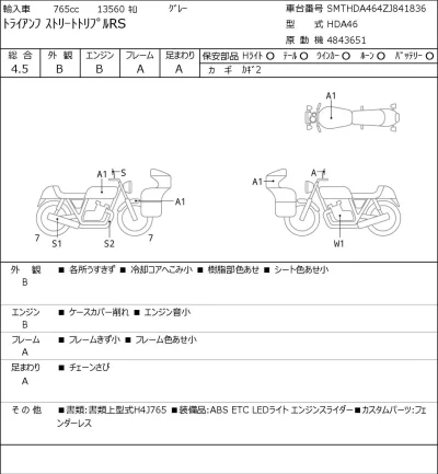 Triumph  STREET TRIPLE RS лот № 5291 оценка 4.5  с аукциона в Японии 0