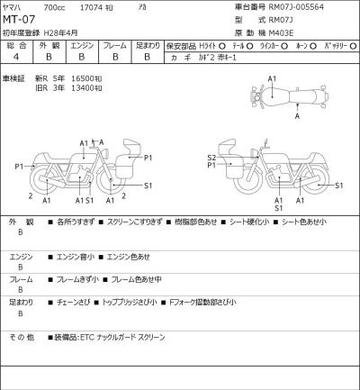 Yamaha MT-07 лот № 5666 оценка 4  с аукциона в Японии 0