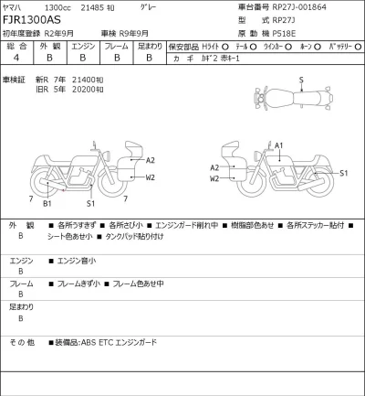 Yamaha FJR1300AS лот № 7478 оценка 4  с аукциона в Японии 0