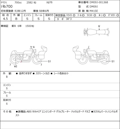 Yamaha TENERE 700 лот № 7534 оценка 4.5  с аукциона в Японии 0