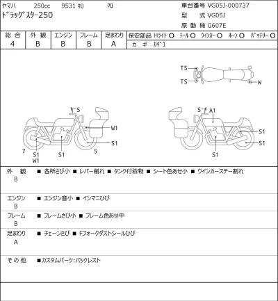 Yamaha DRAGSTAR 250 лот № 8607 оценка 4  с аукциона в Японии 0