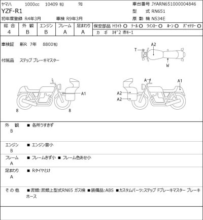 Yamaha YZF-R1 лот № 8609 оценка 4  с аукциона в Японии 0