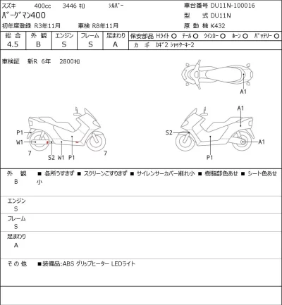 Suzuki BURGMAN400 лот № 5406 оценка 4.5  с аукциона в Японии 0