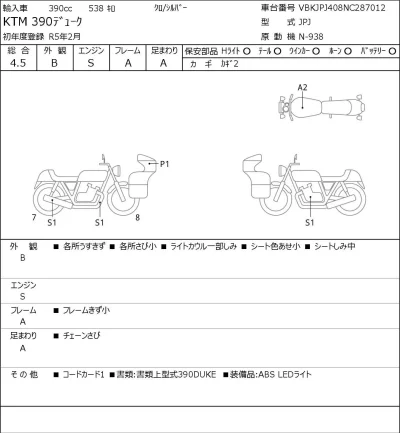 KTM  390 DUKE лот № 5440 оценка 4.5  с аукциона в Японии 0