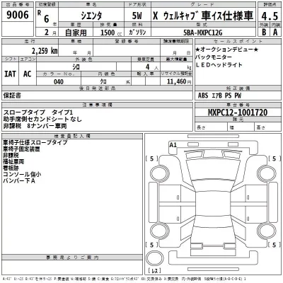 Toyota SIENTA  с аукциона в Японии