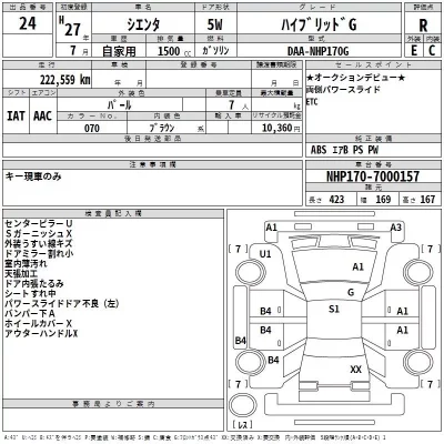 Toyota SIENTA  с аукциона в Японии