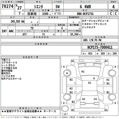 Toyota SIENTA  с аукциона в Японии