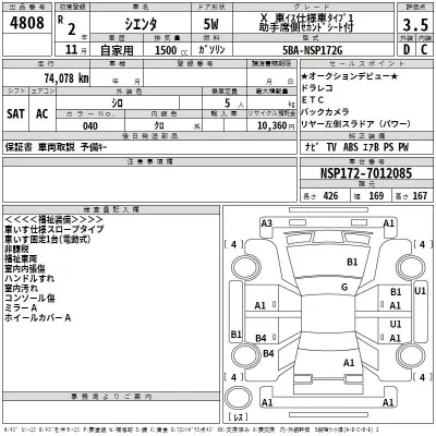 Toyota SIENTA  с аукциона в Японии