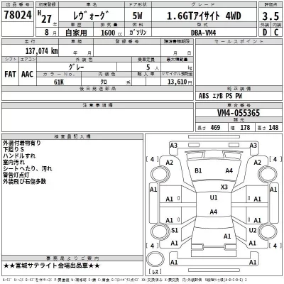 Subaru LEVORG  с аукциона в Японии