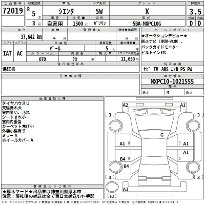Toyota SIENTA  с аукциона в Японии