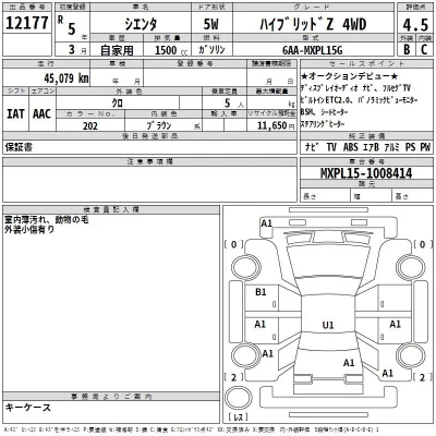 Toyota SIENTA  с аукциона в Японии