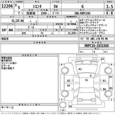 Toyota SIENTA  с аукциона в Японии