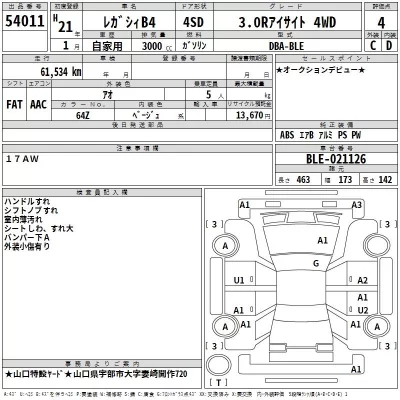 Subaru LEGACY B4  с аукциона в Японии