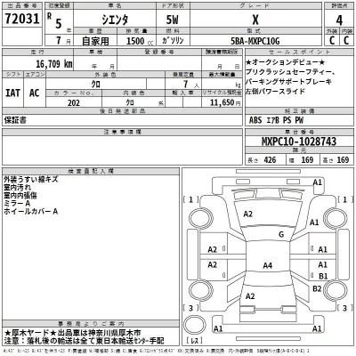Toyota SIENTA  с аукциона в Японии