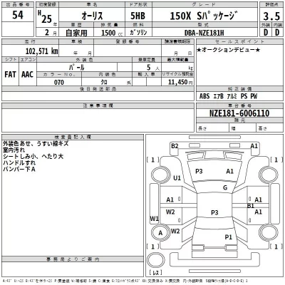 Toyota AURIS  с аукциона в Японии