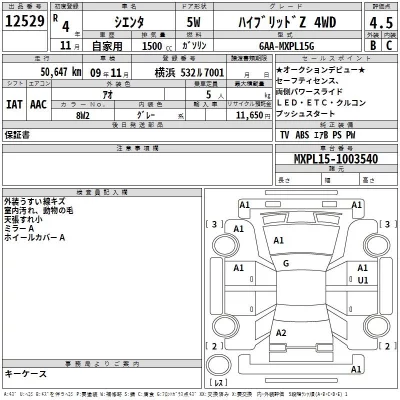 Toyota SIENTA  с аукциона в Японии