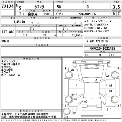Toyota SIENTA  с аукциона в Японии