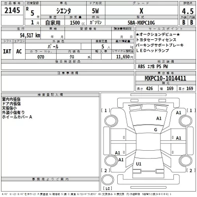 Toyota SIENTA  с аукциона в Японии