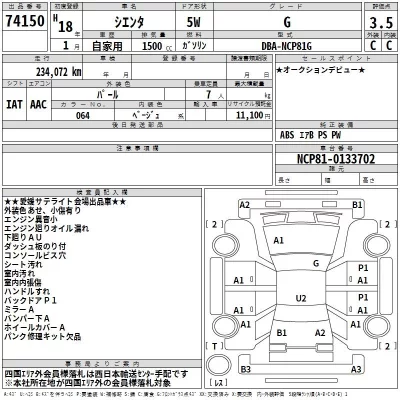 Toyota SIENTA  с аукциона в Японии