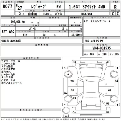 Subaru LEVORG  с аукциона в Японии