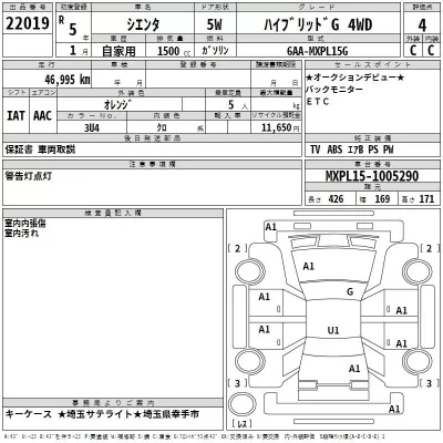Toyota SIENTA  с аукциона в Японии