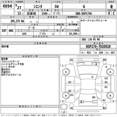 Toyota SIENTA  с аукциона в Японии