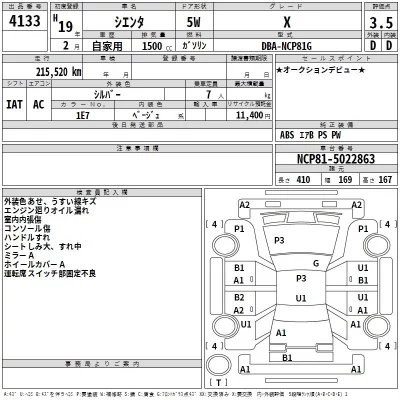 Toyota SIENTA  с аукциона в Японии