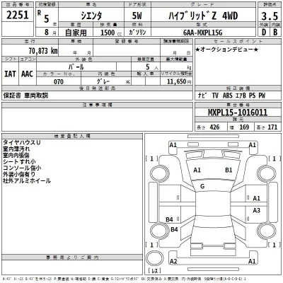 Toyota SIENTA  с аукциона в Японии