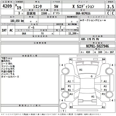 Toyota SIENTA  с аукциона в Японии